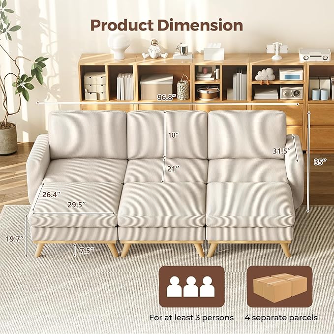 Vesgantti 97" Modular Sectional Sofa Light Gray, Sectional Couch with Movable Ottoman, Comfy Corduroy Couch with Spring Cushion, Modular Sofa with Deep Seat for Living Room, Bedroom and Apartment