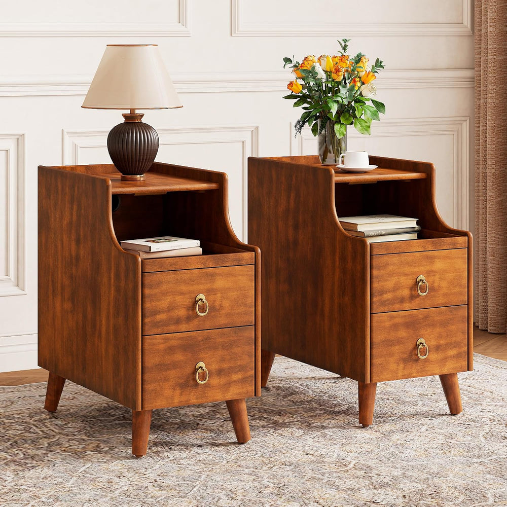 Set of 2 Solid Wood Narrow Nightstand with 2 Drawers, Fully Assembled Skinny ...