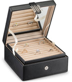 Glenor Co Ring Organizer Box - 108 Slot Classic Jewelry Display Holder - 2 Storage Trays with Modern Buckle Closure, Large Mirror - Holds Rings and Cufflinks - PU Leather Case - Black
