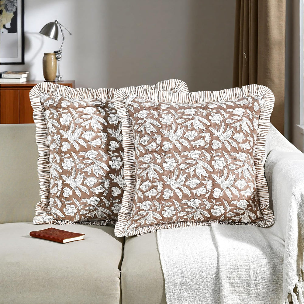 Ridhi Oak Brown Block Print Ruffle Pillow Covers 16x16 Inch Set of 2