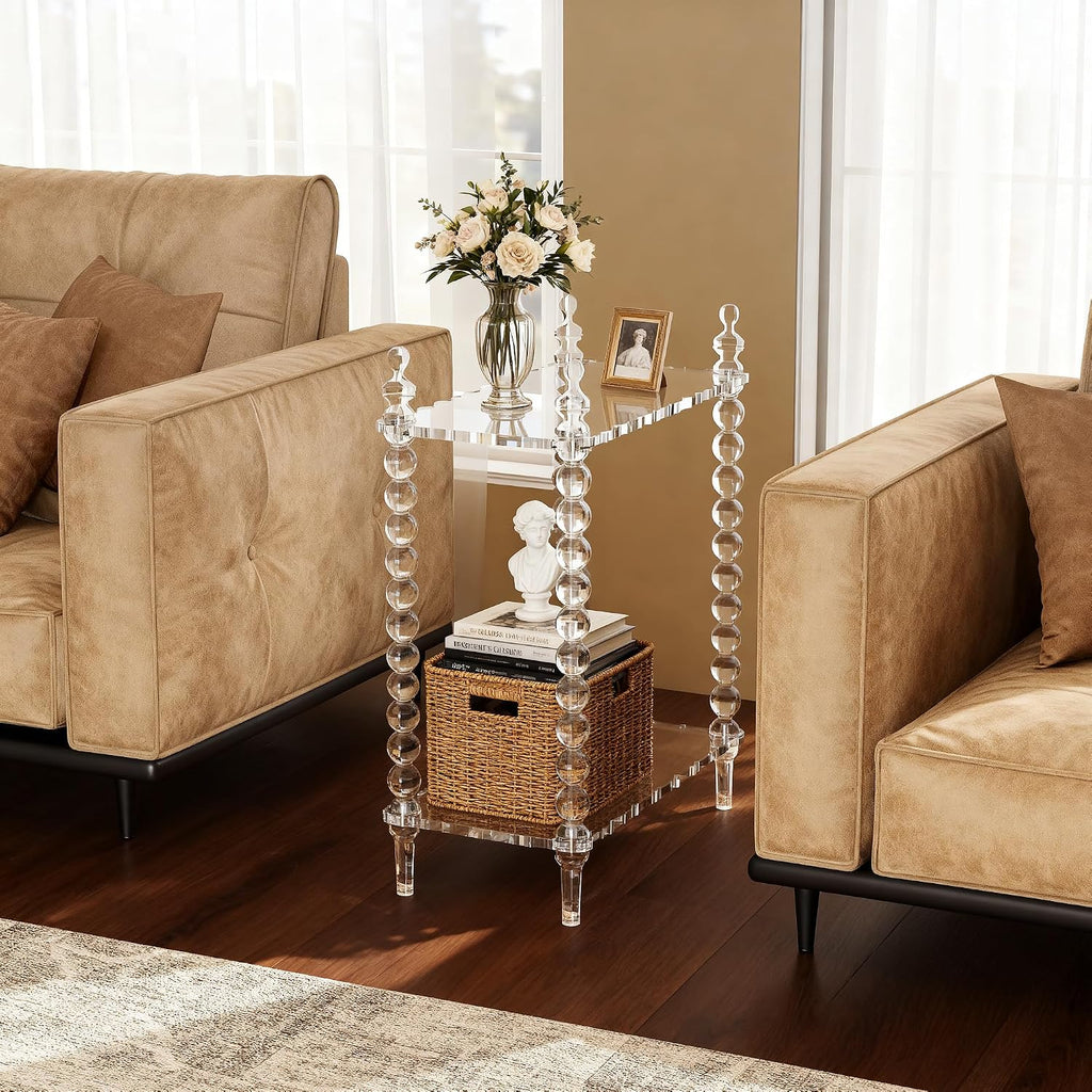 Acrylic Side Table 2-Tier, Clear Nightstand with Storage, Narrow Bedside End Table for Small Spaces (Clear, 20.7"×10.4“×25.9”)