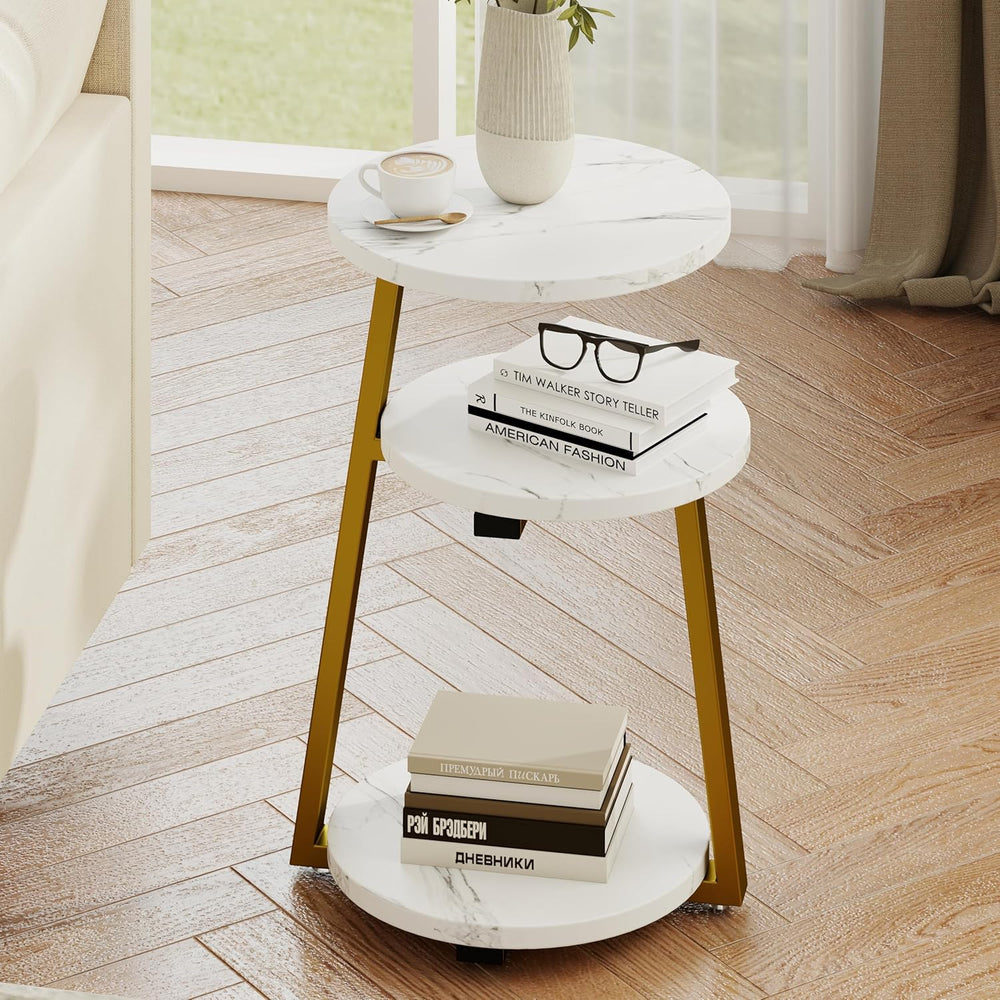 3-Tier Round End Table, Faux Marble Top Side Table with Sturdy Metal Legs, Mo...