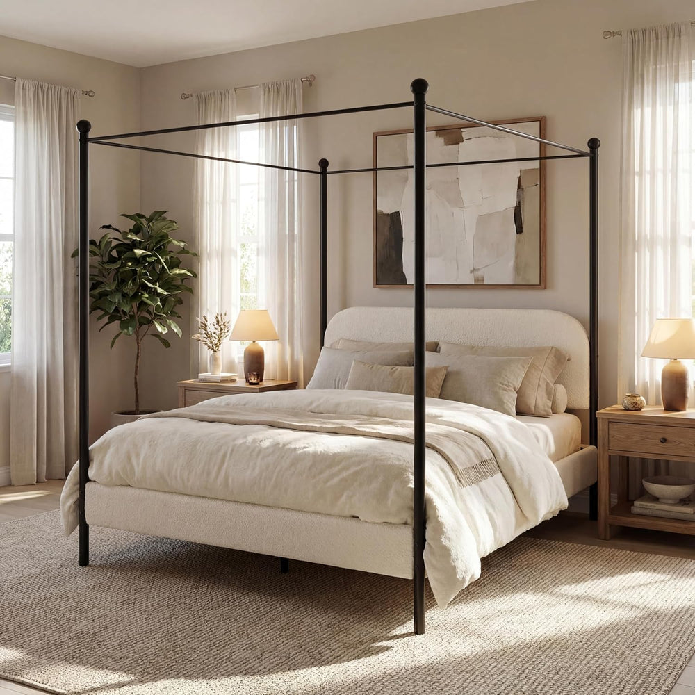 Christopher Knight Home Queen Size Upholstered Canopy Bed Frame with Boucle F...