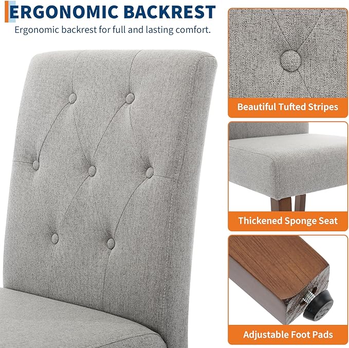 Upholstered Dining Chairs Set of 2, Modern Fabric Kitchen Side Chairs with Sturdy Wood Legs, Parsons Design, Comfortable Soft Linen for Dining Room, Restaurant, Cafe, Gray