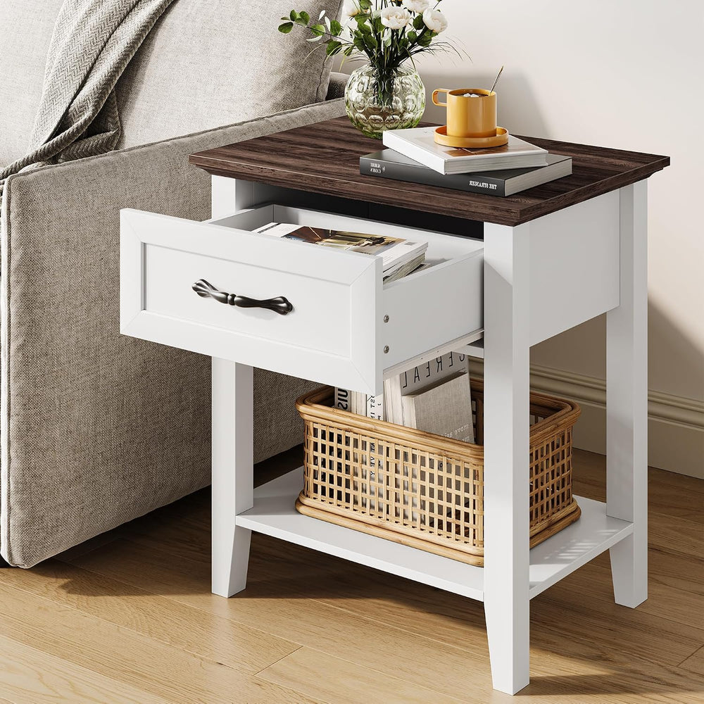 Side Table, Wood Coffee Table with Drawer Square Nightstand with Open Storage...