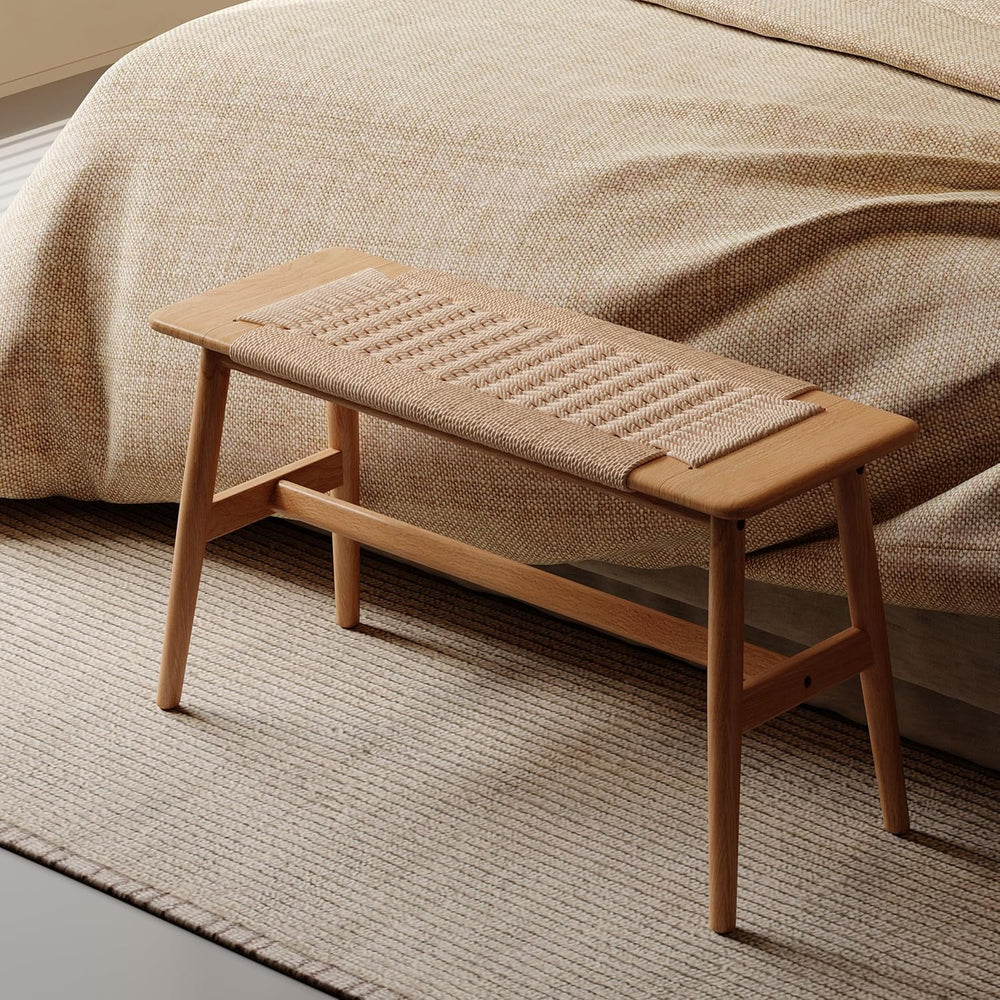 100% Solid Oak Wood Bench,Hand Woven Design,Solid Mortise and Tenon Construct...