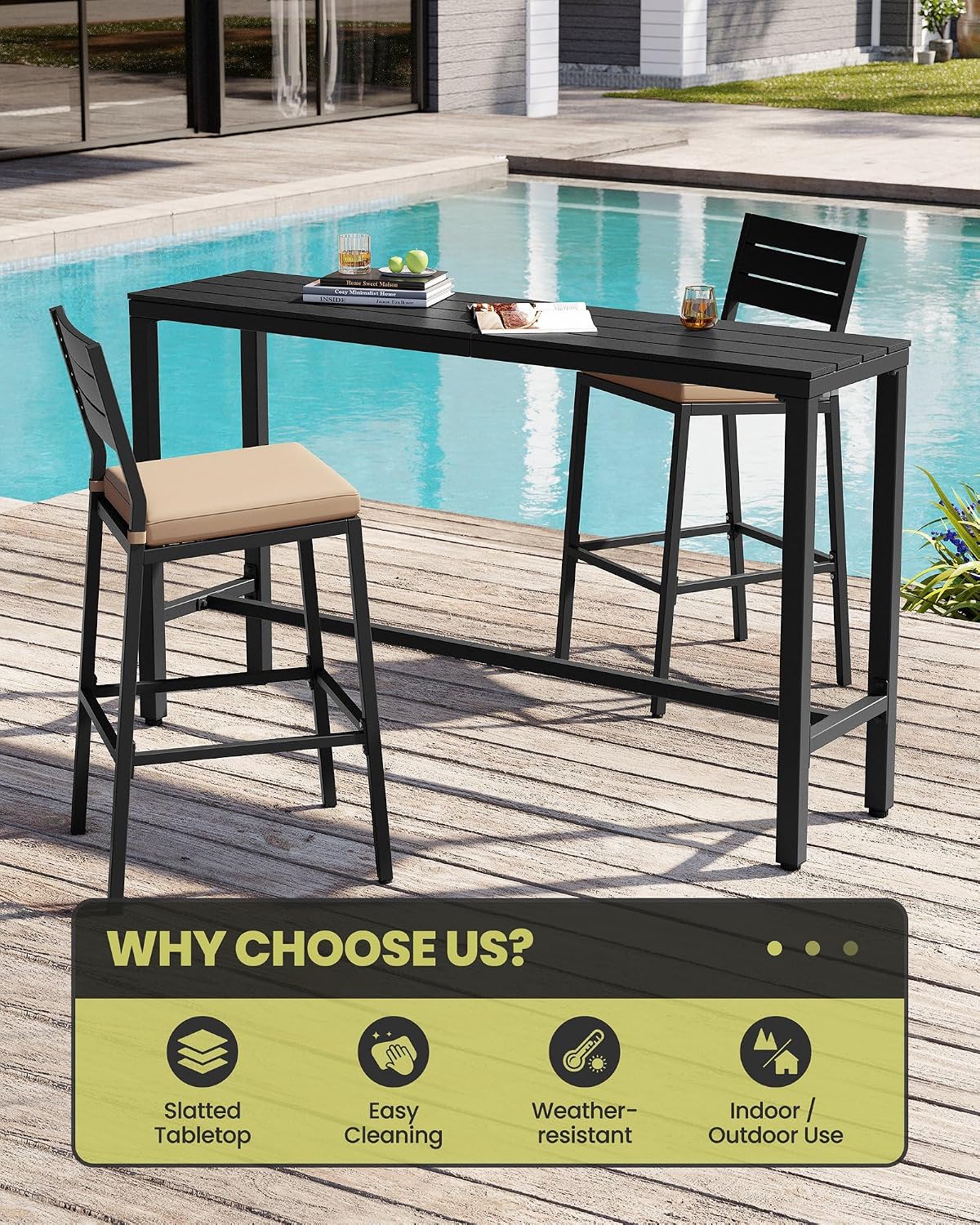 Outdoor Bar Table, 63" Rectangular Pub Table with Waterproof Top | 63" Waterproof Tabletop, Easy to Clean, Sturdy Rust-proof Frame, Versatile for Balcony, Garden, Backyard, Patio.
