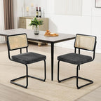 Zesthouse Natural Rattan Dining Chairs Set of 4, Mid Century Modern Dining Chairs with Solid Wood Back & Black Matte Base for Kitchen, Breuer Design Inspired, Upholstered Linen Fabric, Dark Grey