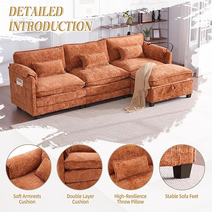 Ball & Cast 109" Oversized Sectional Sofa,Comfy Cloud Couch W/Movable Storage Ottoman,L Shaped Sectional Sofa W/USB Charging Port,Phone Holder&Side Pocke,Chenille Fabric,for Living Room,Orange