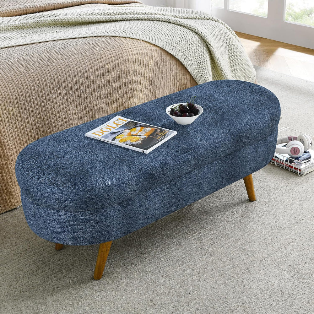43.5" Storage Ottoman Bench, Dark Blue | Safety Hinge, Linen, Upholstere...