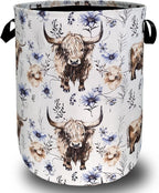 Watercolor Highland Cow Laundry Hamper With Handles Foldable Oxford Cloth Purple Flower Tote Bag Cows Laundry Basket Clothes Toy Storage Bucket 18.9" x 16.5"For Bathroom/Laundry/Bedroom