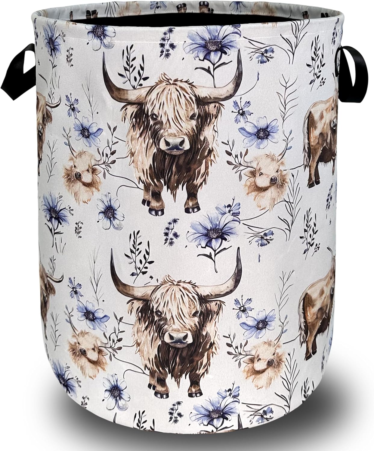 Watercolor Highland Cow Laundry Hamper With Handles Foldable Oxford Cloth Purple Flower Tote Bag Cows Laundry Basket Clothes Toy Storage Bucket 18.9" x 16.5"For Bathroom/Laundry/Bedroom
