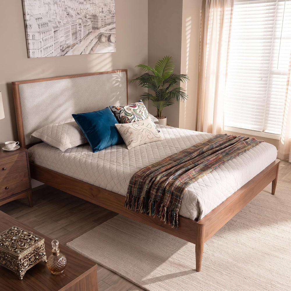 SOFTSEA Solid Wood Queen Bed Frame with Upholstered Headboard, Mid Century Mo...
