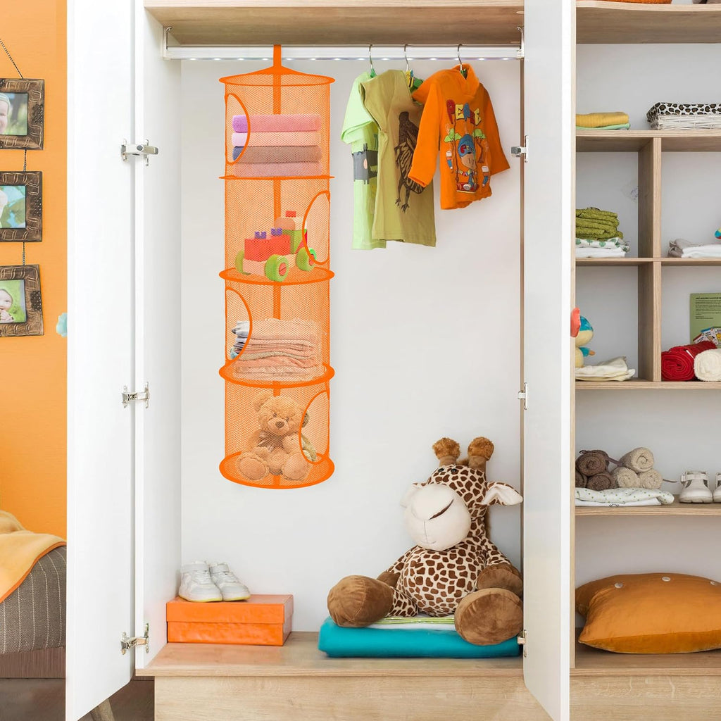 Libeder Mesh Hanging Storage Space Saver Bags Organizer,Foldable Storage Organizer 4 Compartments Toy Storage Basket for Kids Room Bathroom 2 Sets Orange