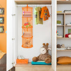 Libeder Mesh Hanging Storage Space Saver Bags Organizer,Foldable Storage Organizer 4 Compartments Toy Storage Basket for Kids Room Bathroom 2 Sets Orange