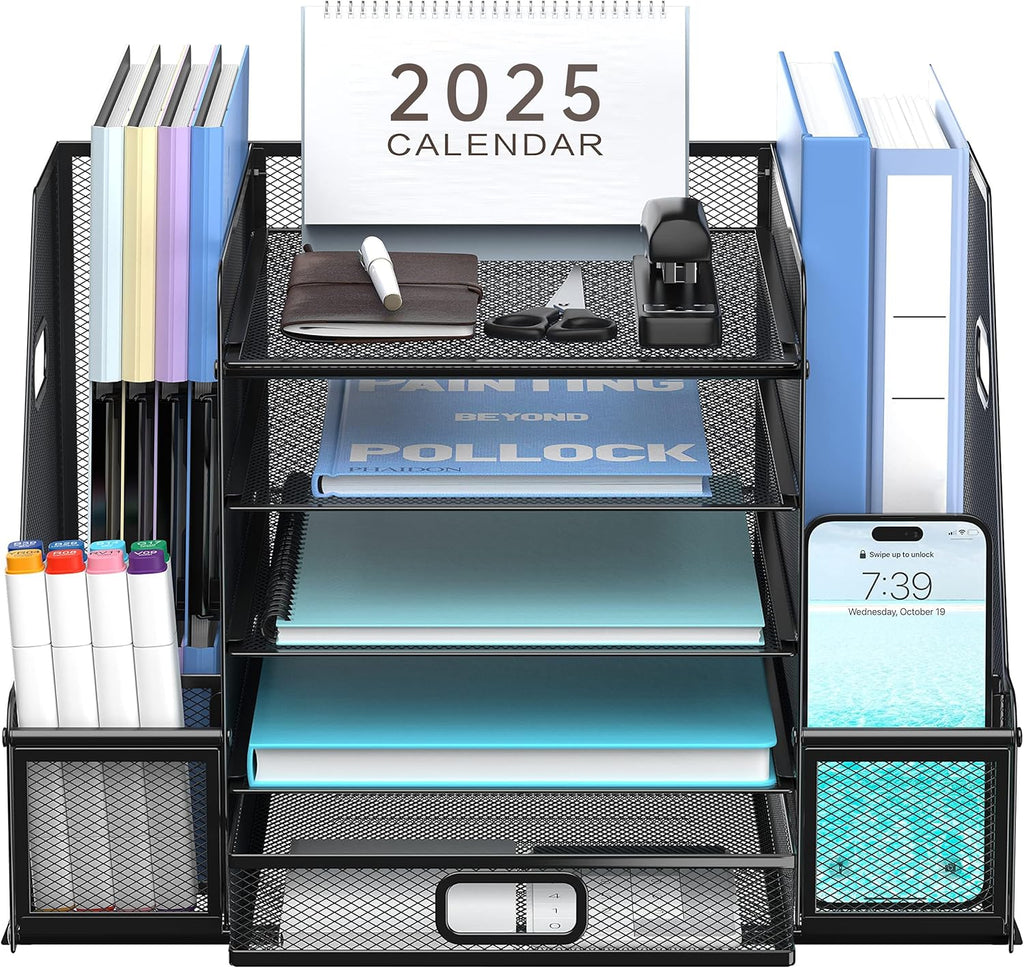 SUPEASY Mesh Desk Organizer with File Holder, 5-Tier Paper Letter Tray Organizer with Magazine Holder, Desktop Organizer and Storage with Drawer for Office Supplies Home or School, Black