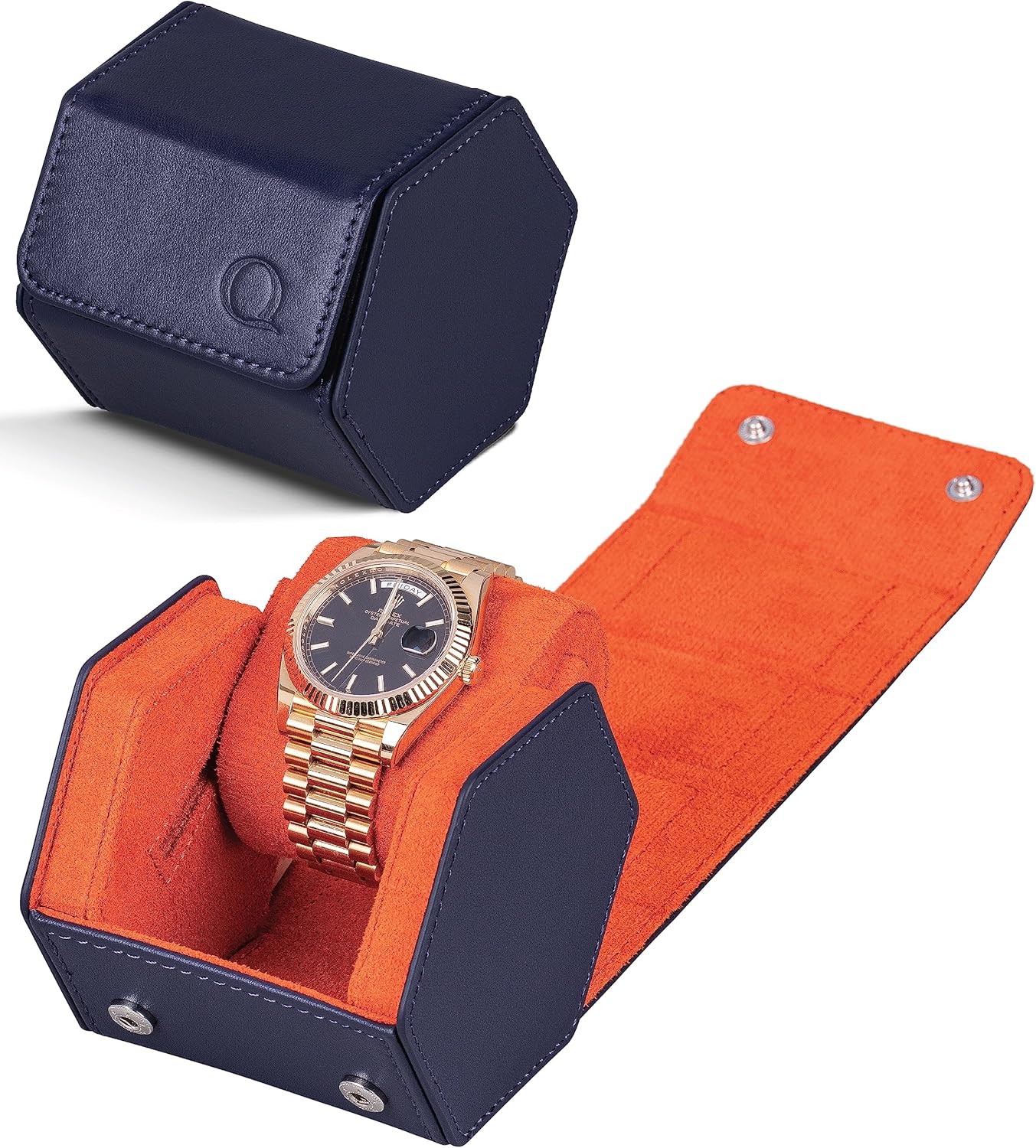 QWATCHBANDS Leather Watch Cases for Men - Hexagon Single & Double Watch Roll Travel Case - Genuine Napa Leather with Velvet Interior - Storage & Display Holder for 1 Watch or 2 Watches