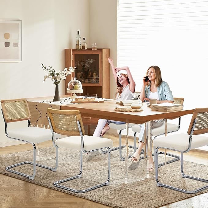 Dining Chairs Set of 4, Modern Rattan Kitchen Chairs, Mid Century Modern Design, Polished Chrome Frame, Upholstered Seat, White