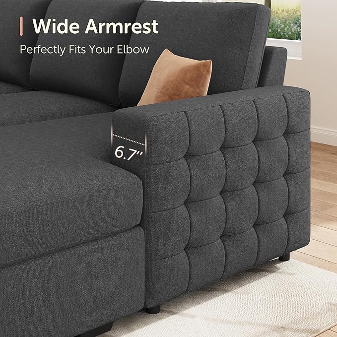HONBAY Sectional Sleeper Sofa with Pull-Out Bed Storage Chaise, 6 Seater Couch for Living Room, Middle Grey
