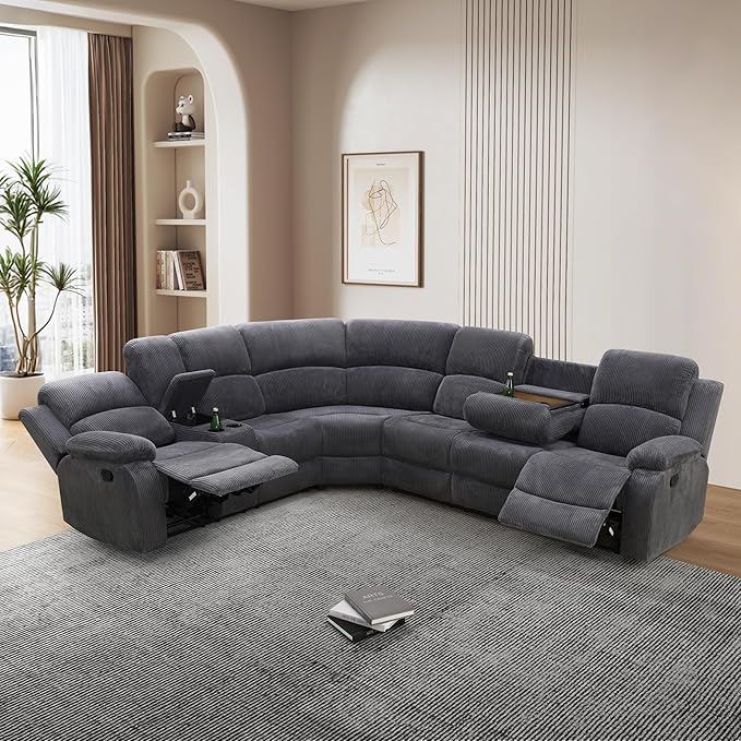 Manual Recliner Sectional Sofa Set, Corduroy L-Shaped Living Room Furniture Sets, Reclining Corner Couch with Drop-Down Table/Storage Console/Cup Holders for Home Office (Dark Grey, Sectional)