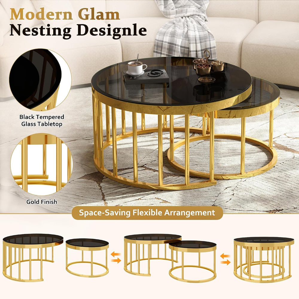Round Nesting Coffee Table Set of 2 with Gold Frame & Mirrored Top, Black...