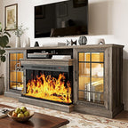 MXV 70'' Fireplace TV Stand, Farmhouse Entertainment Center with 3 Sided Glass TV Stand, Modern Media Console Table with Storage Drawers & Cabinets with LED Flame and Lights for Living Room, Gray