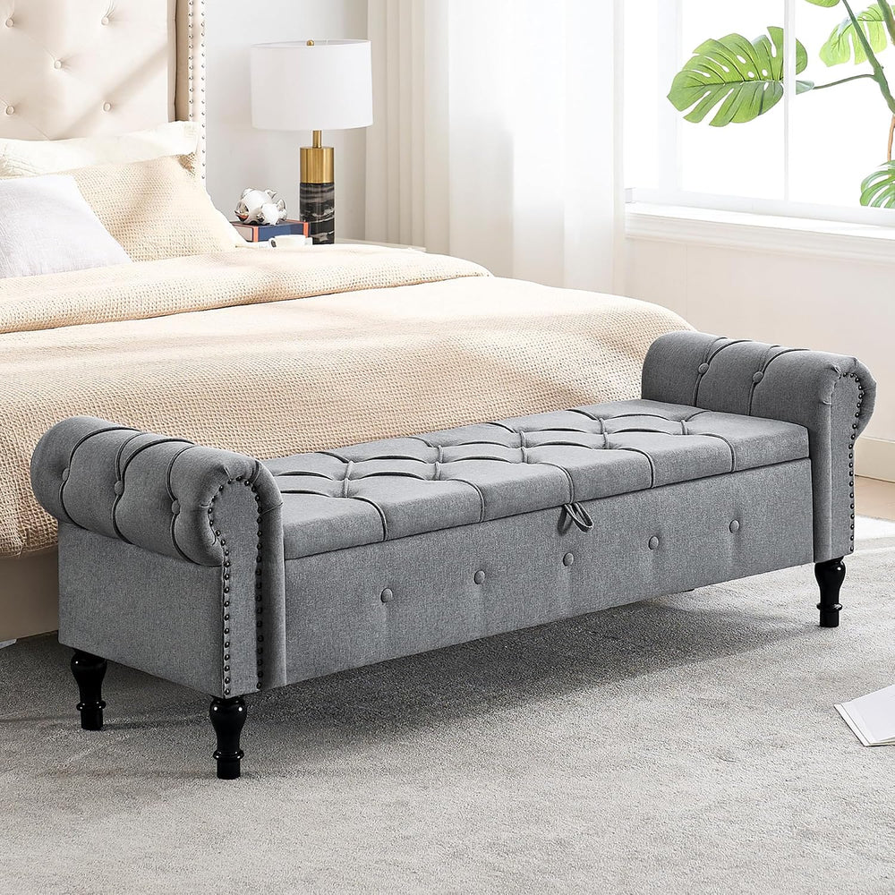 Storage Bench 67" Linen End of Bed Benches Grey | King Size Storage Benc...