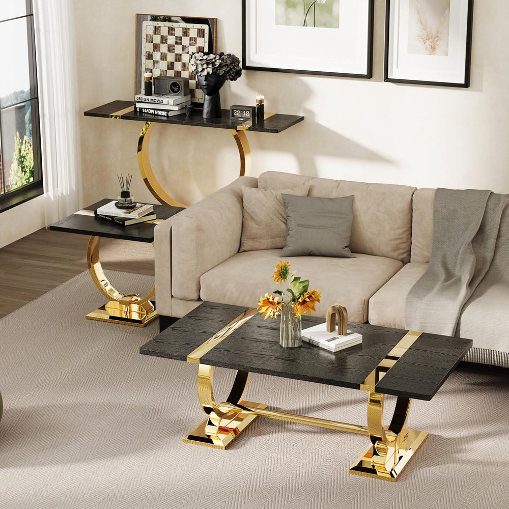 Asday 2 Piece Living Room Table Set, Black and Gold Coffee Table Set with Pol...