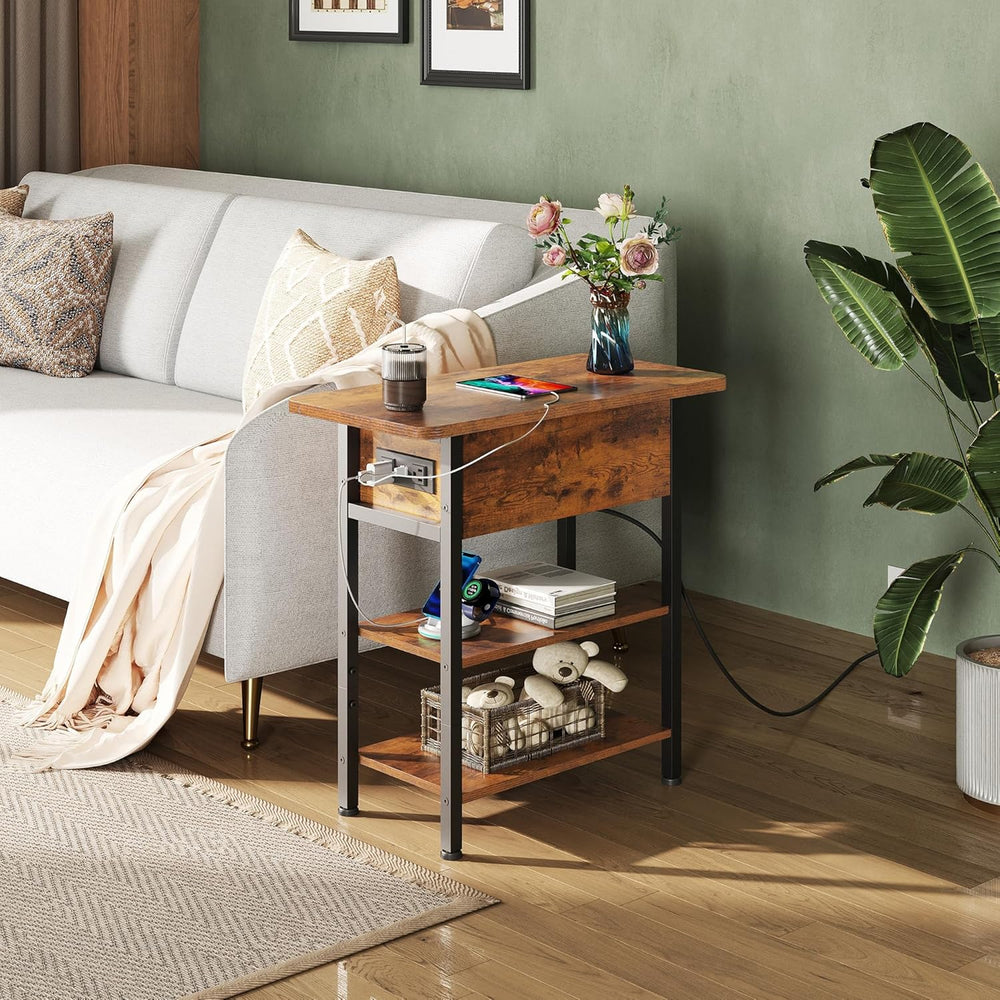 WLIVE End Table with Charging Station, Flip Top Narrow Side Table with Storag...