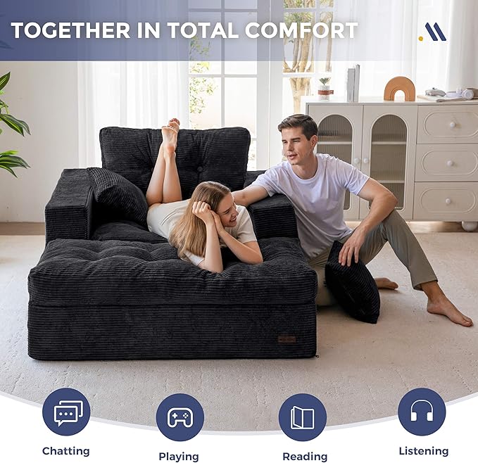 MAXYOYO Modular Sectional Chaise Lounge Sofa, Upholstered Lounge Chair with Ottoman, Comfy Couch with Layered Cushion, Tufted Upholstered Sleeper Chair for Living Room, No Assembly, Black
