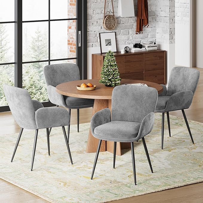 VKNOW Modern Dining Chairs Set of 4, Upholstered Dining Room Chair with Armrest, Kitchen Chairs with Curved Ergonomics Backrest for Living Room, Dining Room, Kitchen, Grey