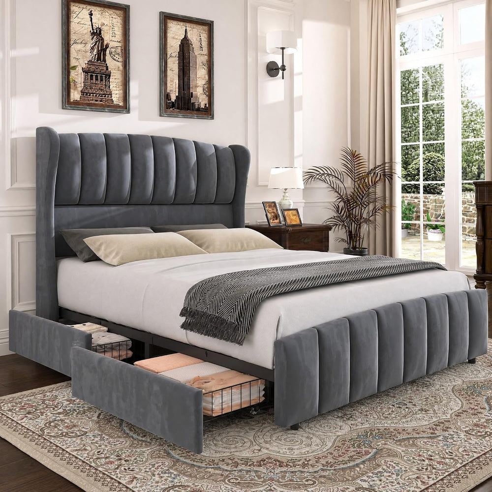 54" Tall Headboard Queen Bed Frame with 4 Drawers, Storage Platform