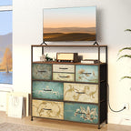 Tohomeor TV Stand with Power Oulet Dresser with Charging Station & LED Light with 8 Fabric Drawers for Living Room Storage Chest of Drawers Retro Dresser with Open Shelf Wooden Top