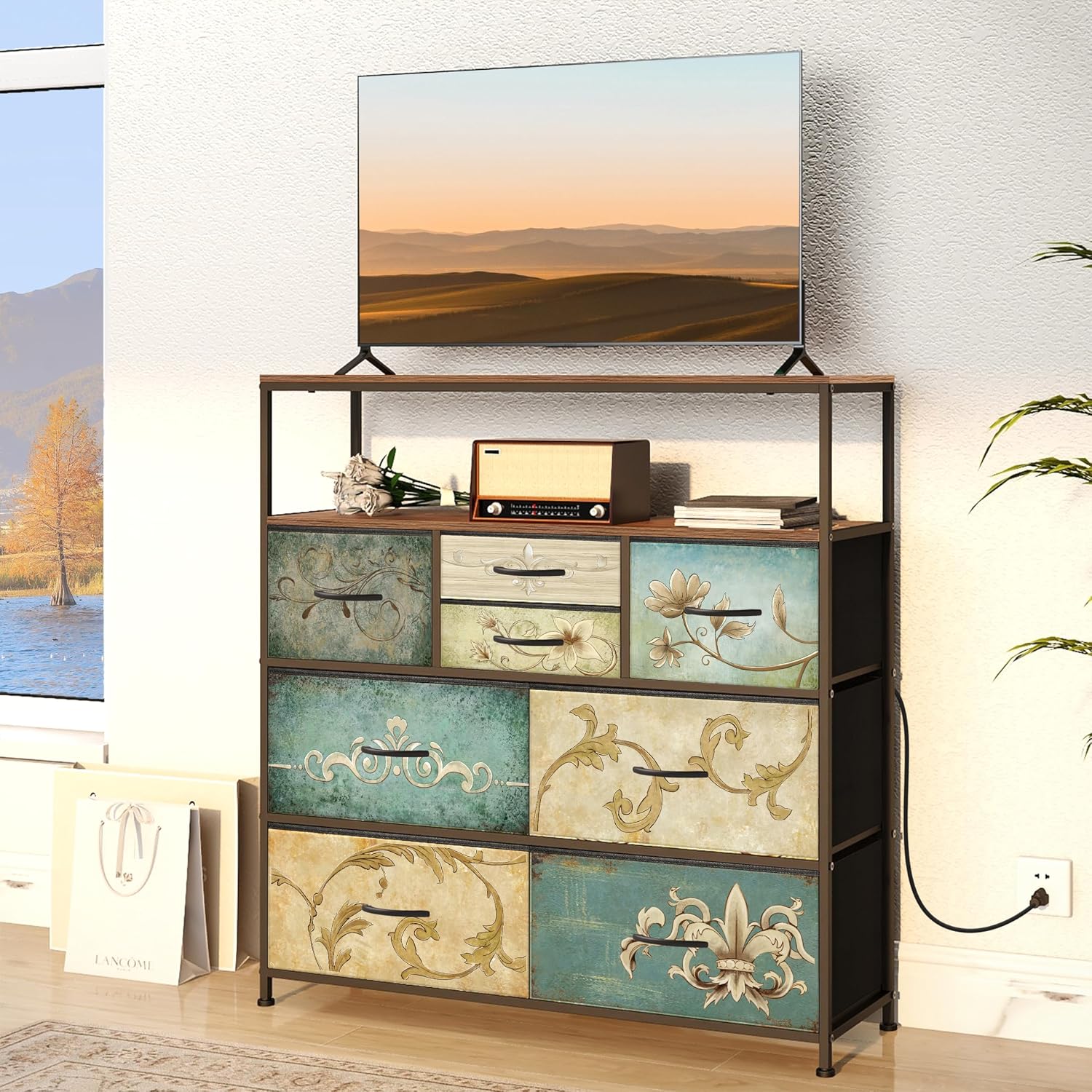 Tohomeor TV Stand with Power Oulet Dresser with Charging Station & LED Light with 8 Fabric Drawers for Living Room Storage Chest of Drawers Retro Dresser with Open Shelf Wooden Top