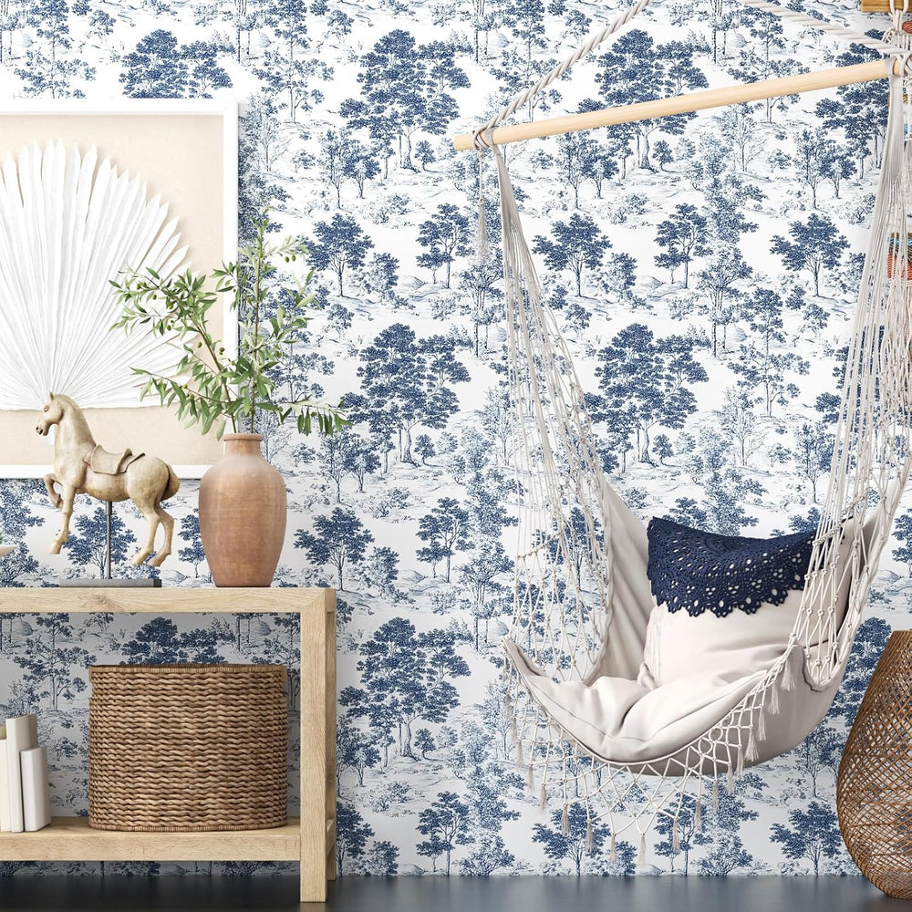 Vintage Toile de Jouy Navy Peel and Stick Wallpaper 17.5" x 787"