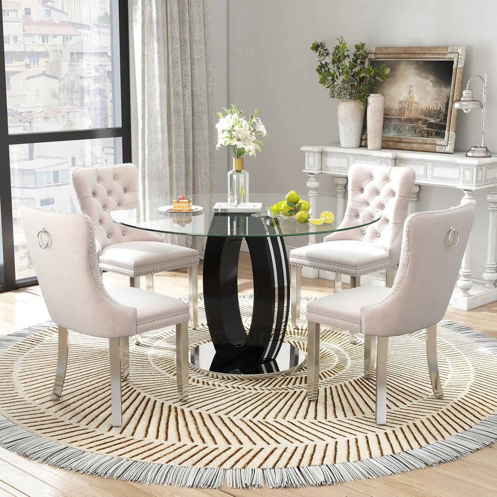 RGZ 5 PCS Luxury Clear Glass Round Dining Table Set, 47'' Modern Circ...