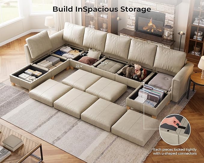 SITJOY 145" Faux Leather Modular Sectional Sofa with Storage, Mid Century Modern Sectional Couches for Living Room, Soft Padded Armrests, 8 Seat U Shaped Sectional Couch with Chaise, Greige