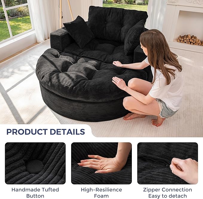 MAXYOYO L Shape Sectional Sofa Couch and Round Chaise Lounge, Modern Cloud Couch with Ottoman, Comfy Sofa with Layered Cushion, Tufted Upholstered Sleeper Chair for Living Room, No Assembly Required