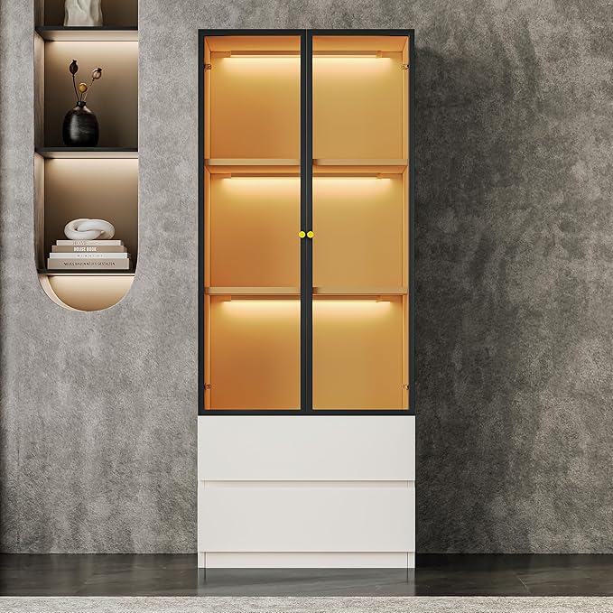 Modern White Lighted Glass Display Cabinet with Two Drawers, Dining China Hutch with 3 Tiers Storage Shelves, Wooden Curio Display Showcase for Living Room Kitchen (A-23'' Glass Cabinet)