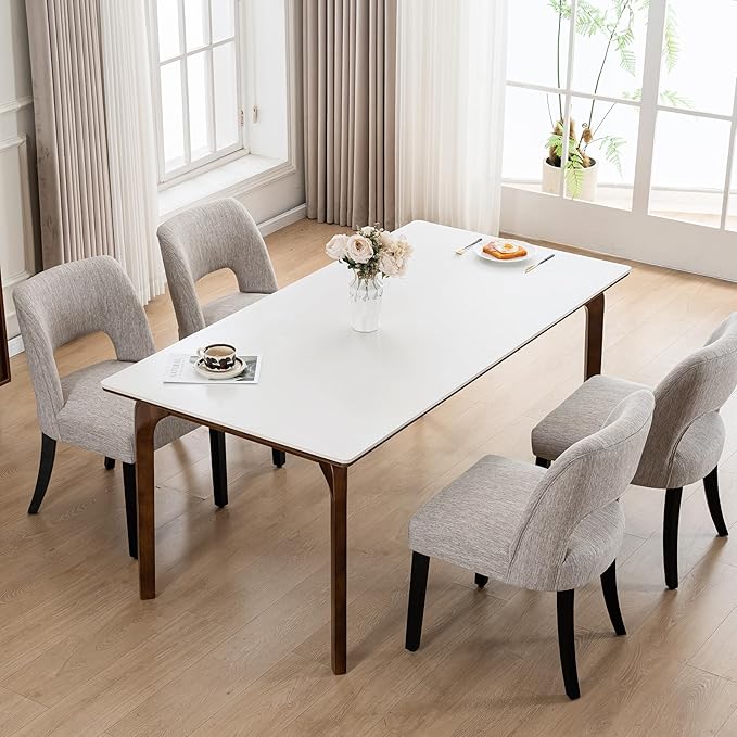 VKNOW Wooden Dining Chairs Set of 2, Modern Fabric Upholstered Dining Room Chair Kitchen Chairs, Farmhouse Dinner Chair for Kitchen Dining Room, Grey-Black Legs