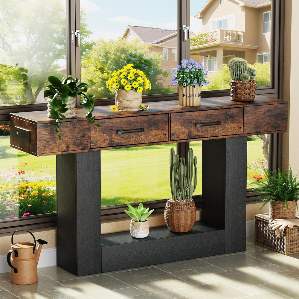 63" Long Console Table with LED Lights & Charging Station,2-Tier Ent...