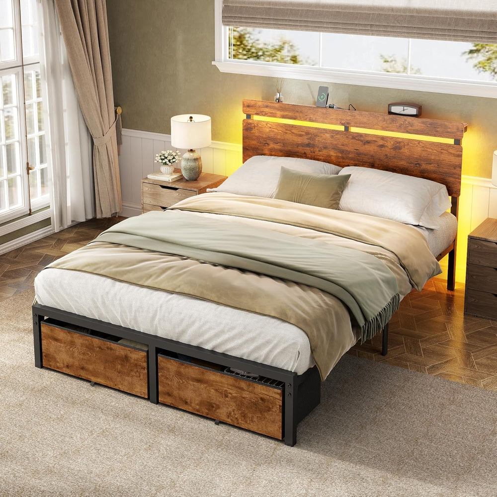 Forestell Full Size Bed Frame with Wood Headboard,2 Storage Drawers & Shelf