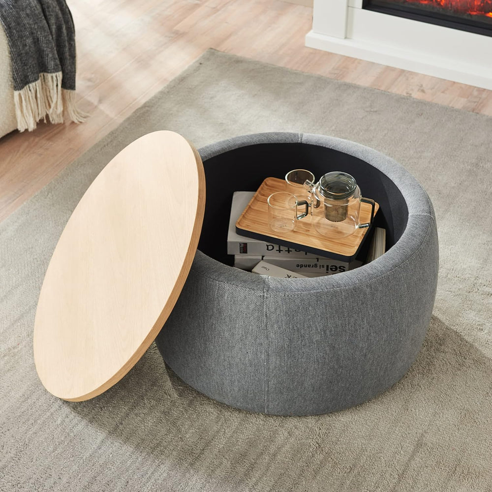 Modern Round Storage Ottoman with Wooden Top,Handmade Luxury Pleated Circle F...