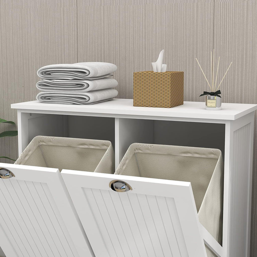 KEIKI Double Tilt-Out Laundry Hamper Cabinet with Removable Bags, Hidden Laundry Organizer for Bathroom or Laundry Room Cabinets, White