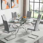7 Piece Modern Dining Table Set of 6, 47" Tempered Glass Round Dining Tables and 6 Leather Gray Dining Chairs, 47 inch Kitchen Tables with Silver Chrome Metal Base, Small Dining Table Set
