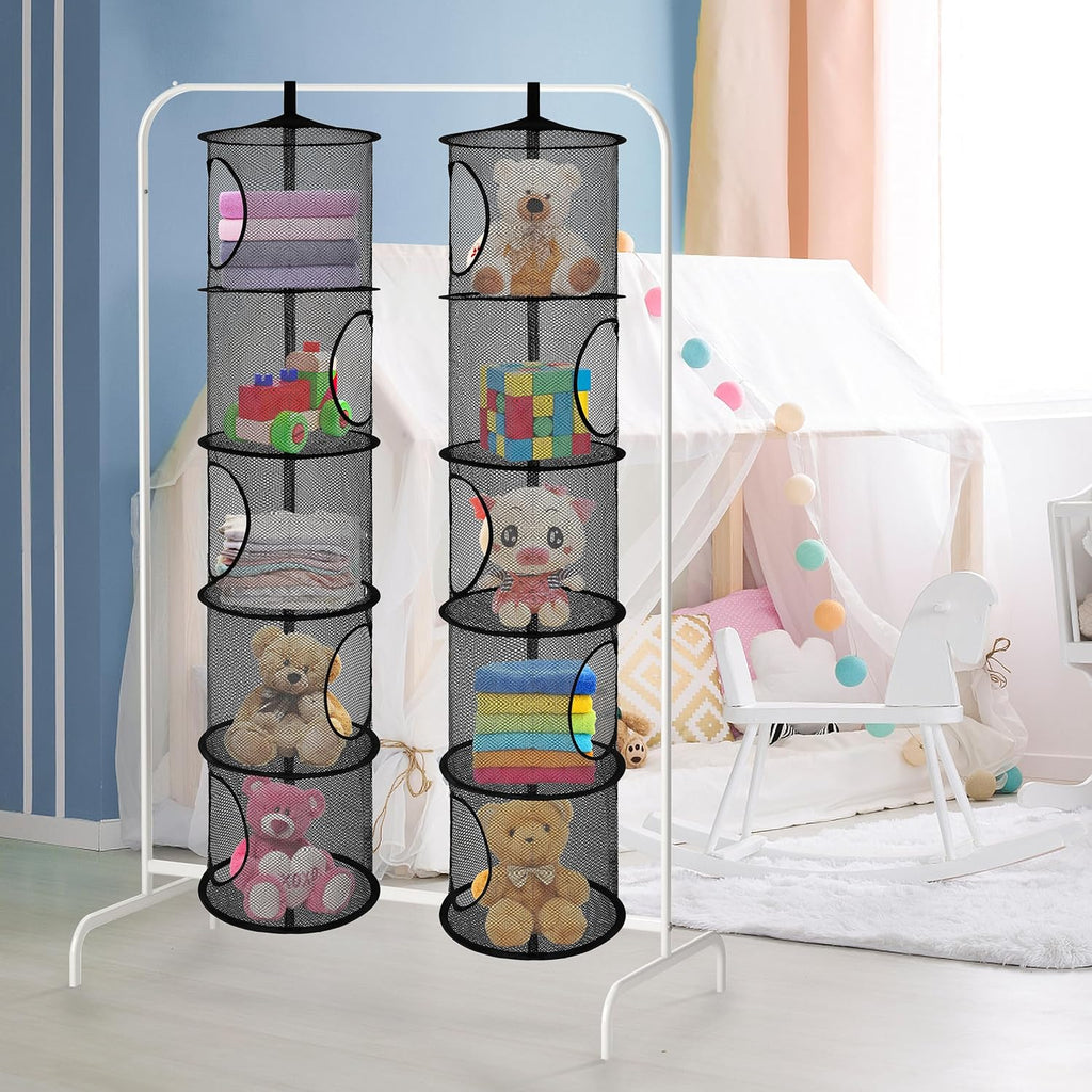 Libeder Mesh Hanging Storage Space Saver Bags Organizer,Foldable Storage Organizer 5 Compartments Toy Storage Basket for Kids Room Bathroom 2 Sets, Black