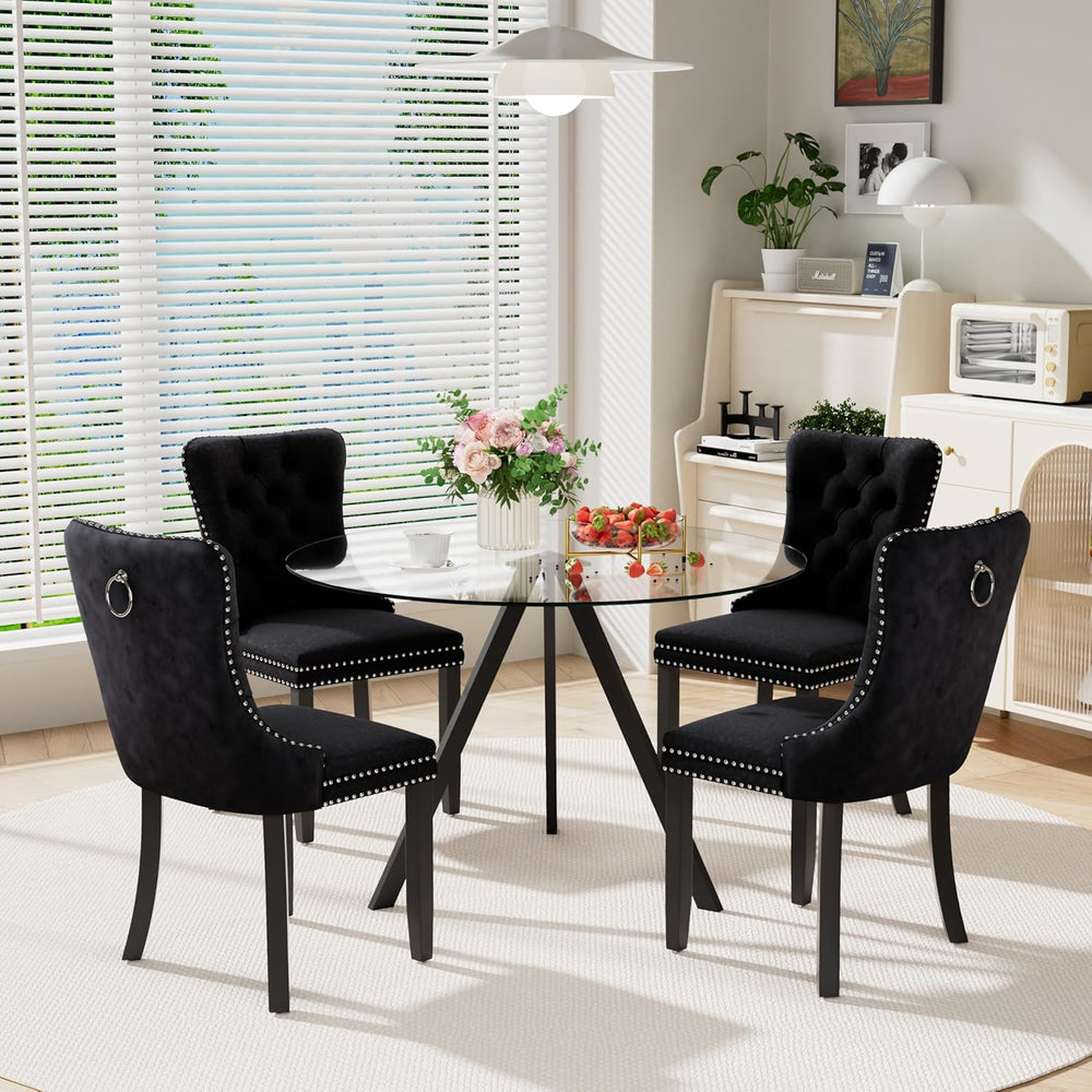 5-Piece 39" Round Glass Dining Table Set with 4 Velvet Upholstered Chair...