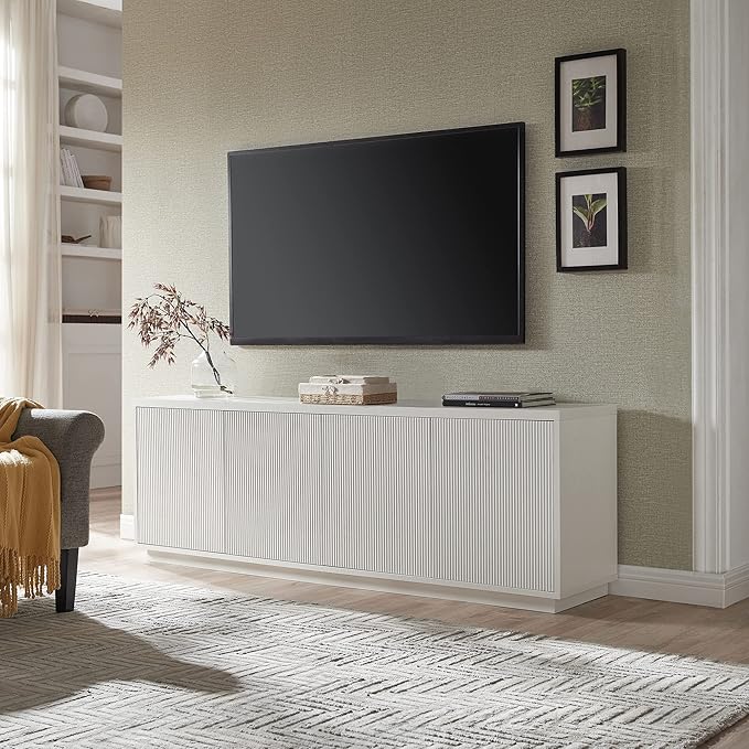 Henn&Hart Fluted TV Stand for TVs up to 75" with 2 Concealed Ribbed Storage Cabinets and Adjustable Shelves for Living Room, Family Room, or Office, Cloud White