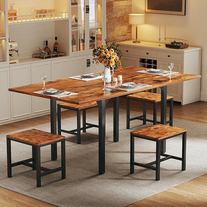 Dining Table Set for 4, Extendable Kitchen Table Chairs Set of 4, Rectangle Dining Table with Metal Frame & MDF Board, Folding for Small Apartment Saving Space, Rustic Brown