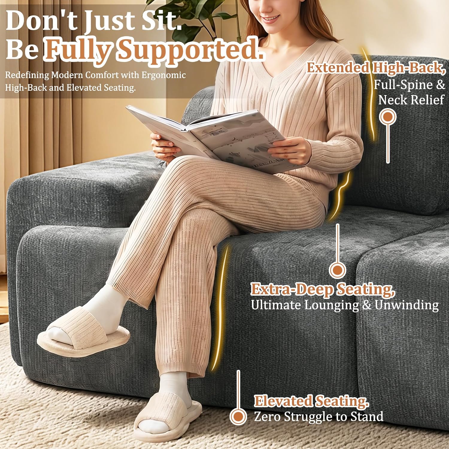 122" U Shaped Oversized Boneless Couch, Comfort Cloud Sectional Couches for Living Room, Modular Sofa High Back & Extra Deep Seat, No Assembly, Soft Chenille (Dark Grey, 122 inch-U shaped（3+2）)
